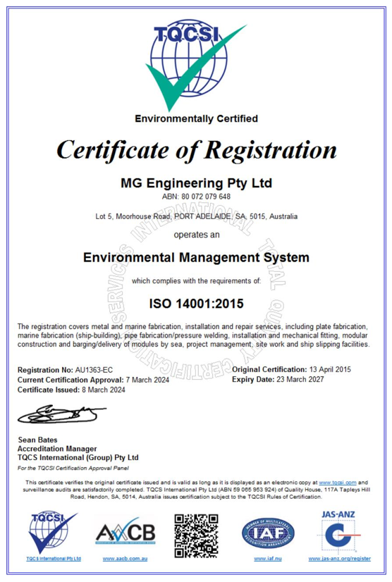 MG Engineering's TQCSI Certificate of Registration Environmental Management System