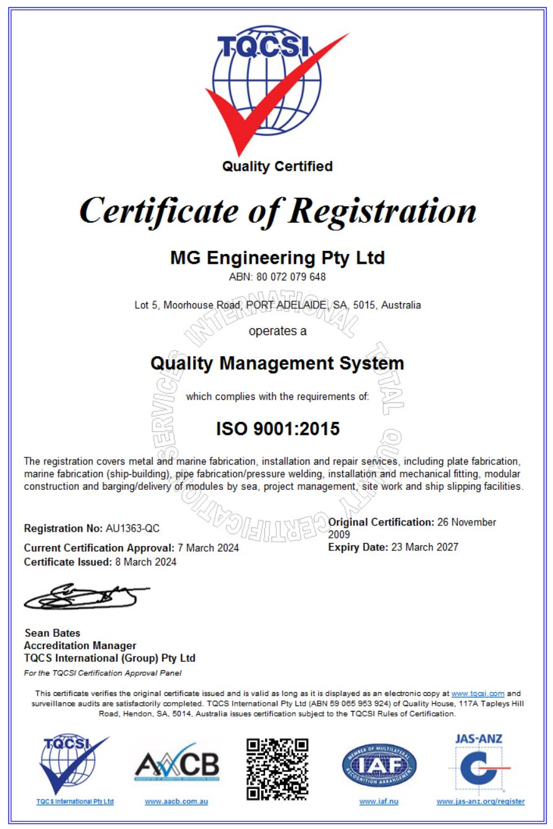 MG Engineering's TQCSI Certificate of Registration Quality Management System
